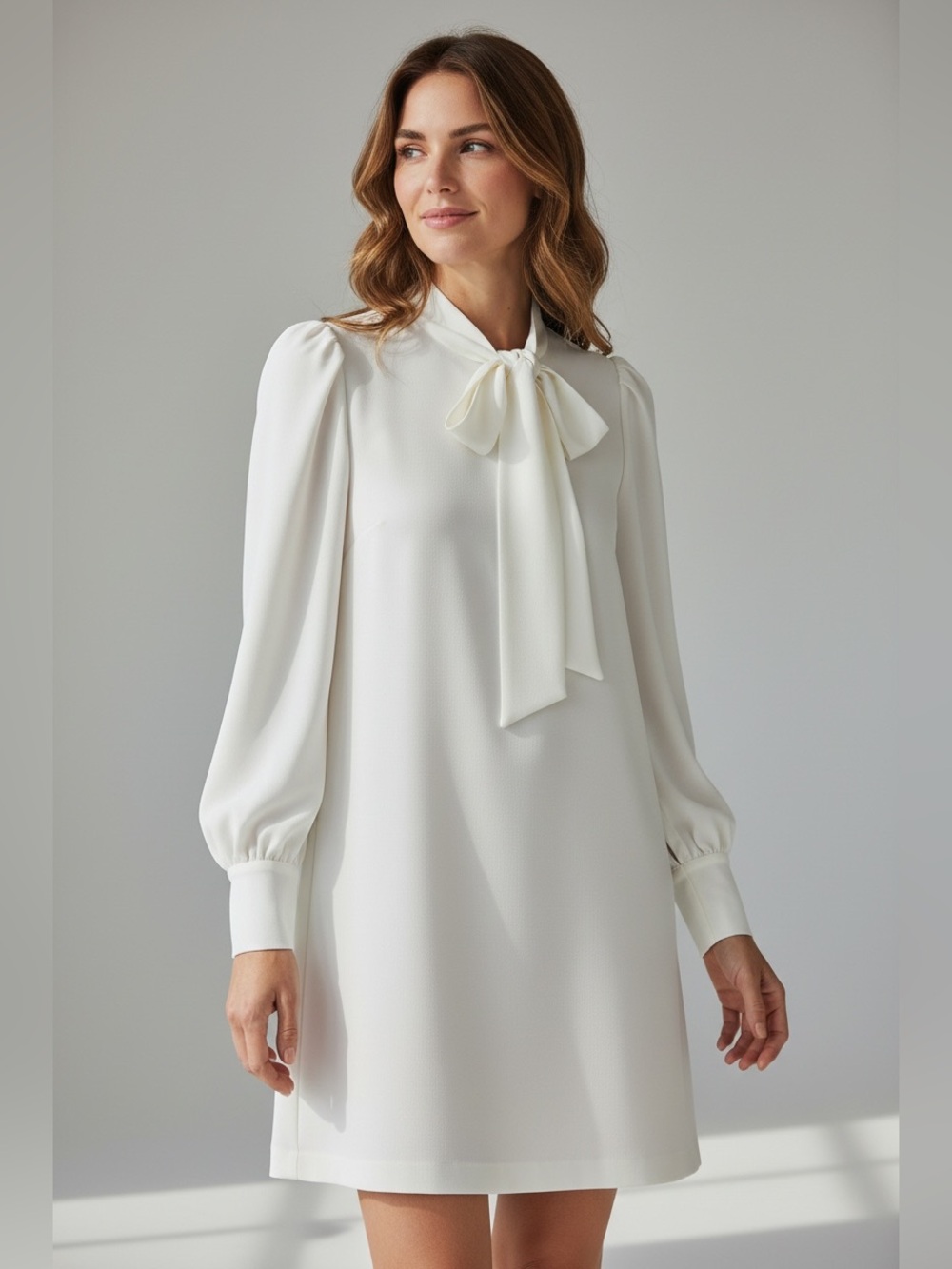 Vince Camuto White Crepe Bow Neck Shift Dress Long Sleeve